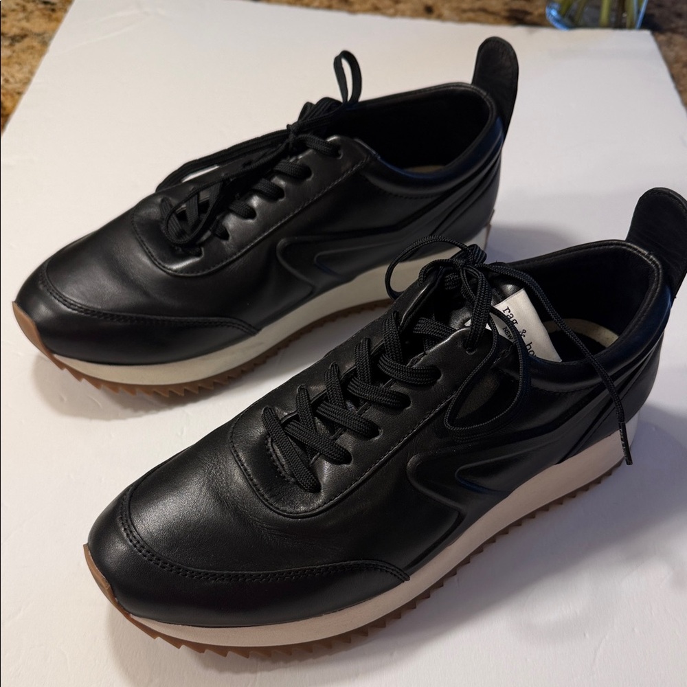 rag & bone Black Leather Low-Top Sneakers with Cream Midsole and Gum Outsole